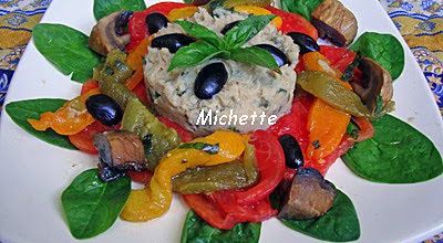 Ecrasée de p de terre au thon, poivron grillé, tomate, épinard, champignon