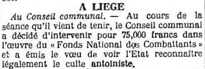 À Liége - Au conseil communal pour la reconnaissance (L'Indépendance Belge, 17 février 1921)(Belgicapress)