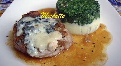 Tournedos de porc au roquefort, échalote, épinards et purée de p de terre
