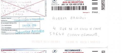 Derniers courriers envoyés au Président de la République, à Mme la Ministre de la Culture, à la Couronne d'Angleterre et à l'ambassade de Thaïlande en France.(Février 2016) (Albert Fagioli)