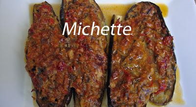 Aubergine farcie aux courgettes, piquillos, tomate et  sardine
