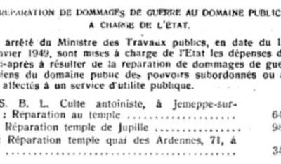 Réparation des temples après-guerre (Moniteur belge, N°82, 23 mars 1949)