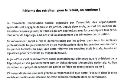 RETRAITES : LE 49-3, AVEU DE FAIBLESSE - L'APPEL DE L'INTERSYNDICALE