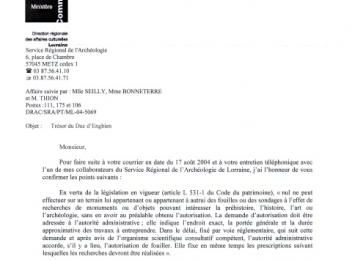 Réponse de la Direction Régionale des Affaires Culturelles de Lorraine, 30 septembre 2004. (Daniel Barroy, Directeur Régional des Affaires Culturelles de Lorraine) (Page 1)