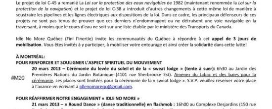 Idle no More , 3 jours de mouvement 20-21-22 Mars