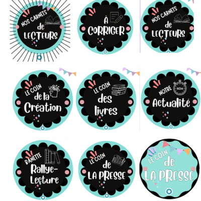 RENTREE 2025 : Pour guider, égayer la classe et motiver les élèves : étiquettes rondes pour la classe / banettes et coins création/livres/actualité