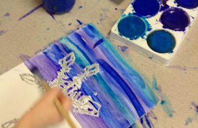Flocon à la craie grasse et encre coloré (idée pinterest)