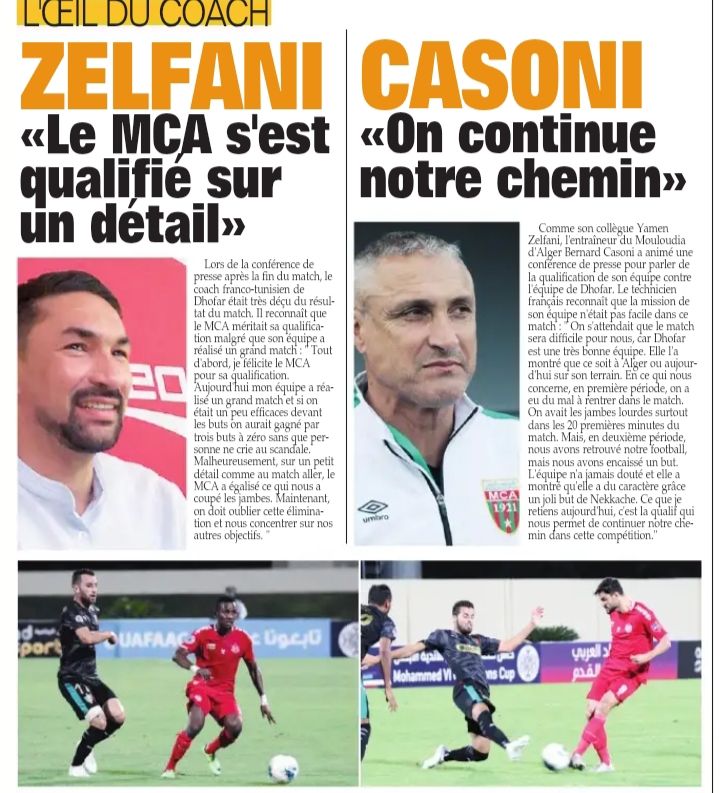 Lundi 30.9.2019 à Salalah Stade du Centre Sportif 1/16ème de Finale retour Dhofar Club (Sultanat d'Oman)-MCA 1-1