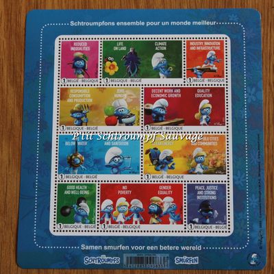 Feuillet de 10 timbres Schtroumpf "Schtroumpfons ensemble pour un monde meilleur"