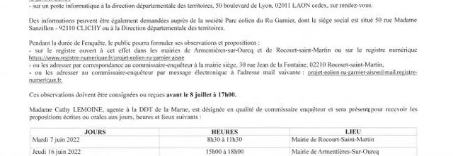 Enquête publique projet éolien de Rocourt-Saint-Martin / Armentières-sur-Ourcq