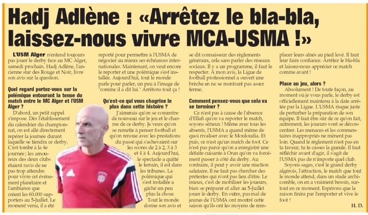 Derby USMA refuse de jouer le Samedi 