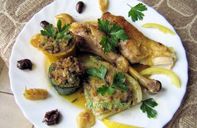 Poulet à l 'ail et citron confit, légumes farcis gratinés