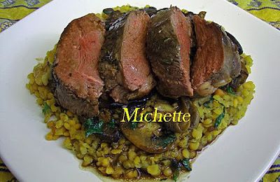 Magret de canard  aux 2 champignons, lentilles corail, légumes et noix