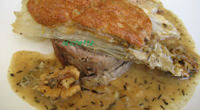 Endives souffées aux 2 bleus et noix, rôti de porc