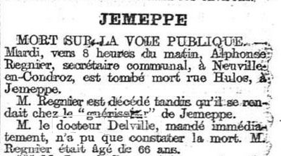 Mort d'Adolphe Regnier sur la voie publique (La Meuse, 4 février 1903)(Belgicapress)