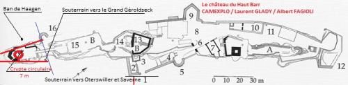 L'emplacement de la crypte par rapport au château du Haut-Barr et de la présence de 3 tronçons de souterrains.(Albert Fagioli)