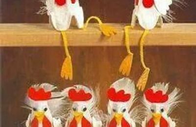 Idée pinterest : réaliser une poule avec du papier coloré et une boîte d'oeufs en carton.