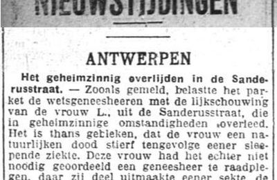 Het geheimzinnig overlijden in de Sanderusstraat (Het Laatste Nieuws, 5 juin 1926)(Belgicapress)