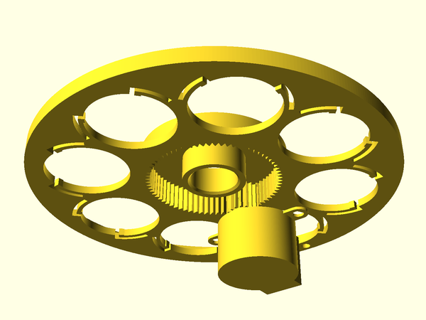 Design de la roue : J'ai opté pour un modèle paramétrique, dont le principal paramètre est le nombre de filtres. La fixation des filtres se fait par un système de griffes élastiques.  Ici, la roue avec 8 logement pour filtres montés de 1,25. La roue comprend une denture intérieure qui engrène sur un pignon monté sur un moteur pas à pas.