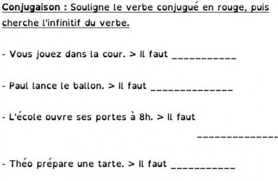 Conjugaison CE1 : exercice sur le repérage du verbe et son infinitif.