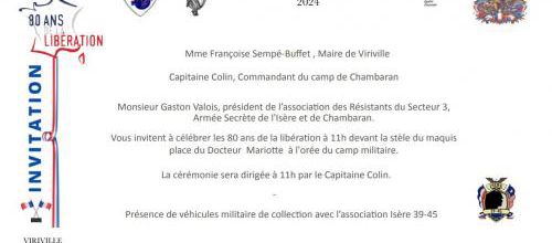 * Agenda Septembre 2024 : Mairie de Viriville et camp de Chambaran : cérémonie des 80 ans de la libération & Inauguration de la salle d’exposition permanente du souvenir « musée »