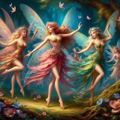  Des fées dans une forêt enchantée, entourées de fleurs et d'une ambiance magique