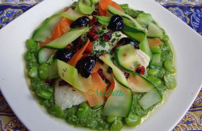 Filet de carrelet, purée de petits pois, fèves, chorizo, carotte, courgette