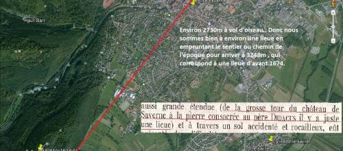 La distance entre la Tour de l'ancien château de Saverne au fameux Rocher dit de DIDACUS. (Photo Google Earth) (Albert Fagioli)