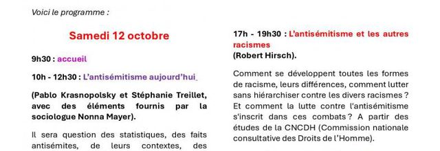 JOURNEES SUR L'ANTISEMITISME EN RELATION AVEC LES AUTRES RACISMES 12-13/10/2024