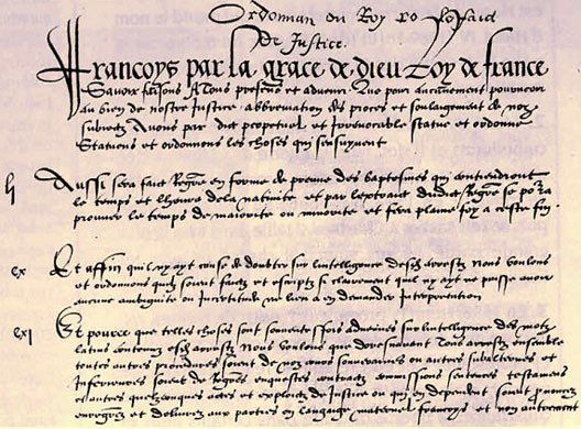 L’ordonnance du 10 août 1539 a instauré  le ''français'' comme SEULE langue officielle dans tous les actes d’état civil ou judiciaires.jpg