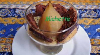 Verrine poire pochée, anglaise vanille, crème passion, brownie chocolat