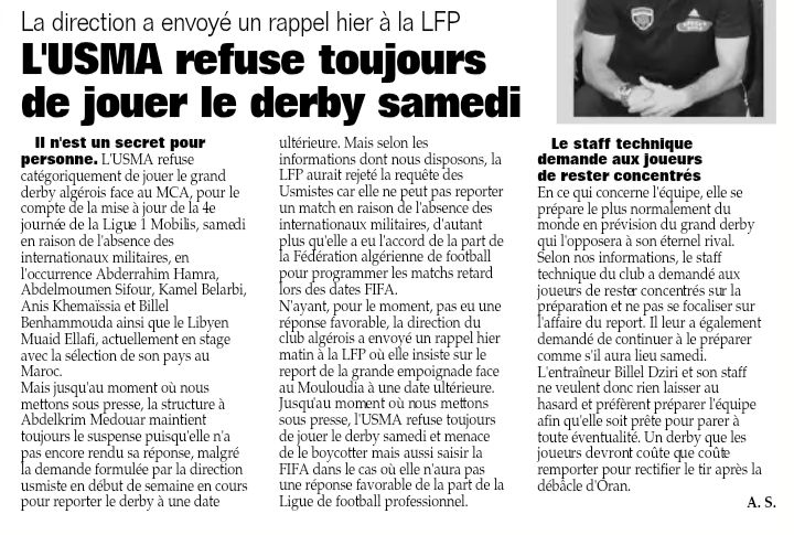 Derby USMA refuse de jouer le Samedi 