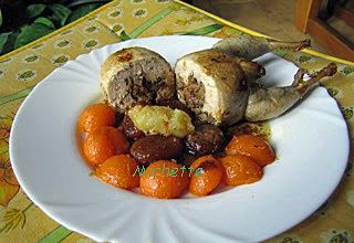 Perdreau désossé farci au foie gras et fruits secs, garniture potiron, abricot sec et pomme verte