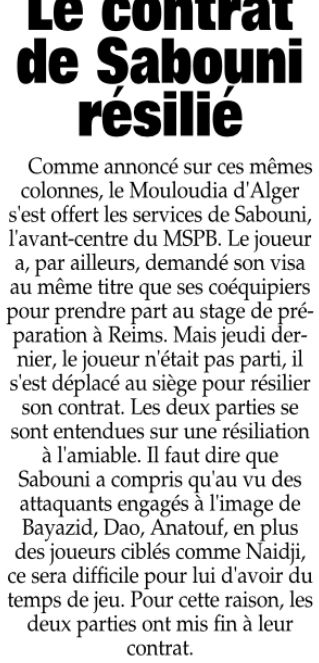 Sabouni ne sera pas Mouloudéen contrat résilié 