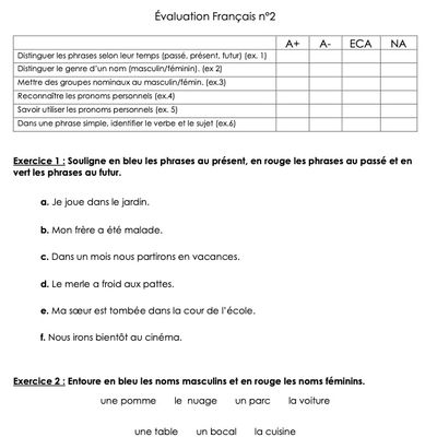 Eval français CE1 n°2 (année scolaire : 2024/2025)