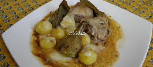 Râble de lapin désossé à la tapenade verte, sauce légère, crème d'ail, poivrade et grenaille