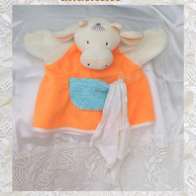 Doudou Plat Marionnette Vache Girafe Nounours Orange Mouchoir Blanc