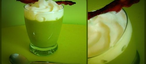 Cappuccino de petits pois et poitrine fumée croustillante