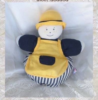 Doudou Peluche Boule Garçon Sucre D'orge Bleu Marine Rayures Chapeau Tablier Jaune