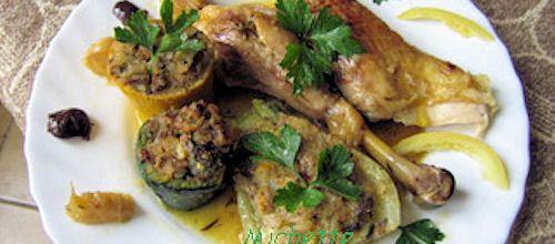 Poulet à l 'ail et citron confit, légumes farcis gratinés