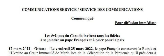 Les évêques du Canada invitent à se joindre au pape François et à prier pour la paix en Ukraine  