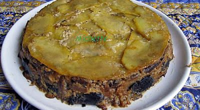 Gâteau de p de terre, champignon, pomme, oignons et boudin noir