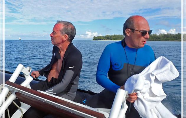 Retour de plongée à l'île Poivre, deux plongeurs (que je salue s'ils se voient) et notre accompagnateur, Joan - Seychelles