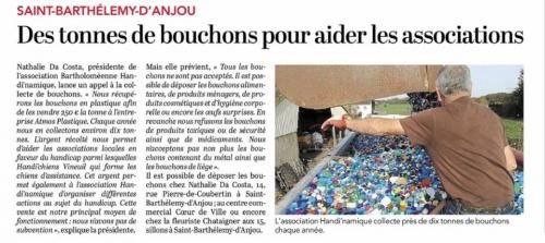 Article sur la collecte de bouchons sur Ouest France le 05/06/20