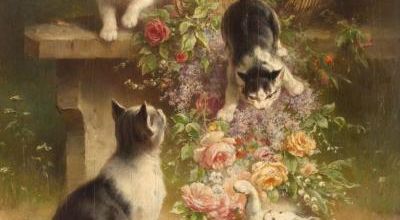 Tableau du samedi 77 : Chats avec panier de roses