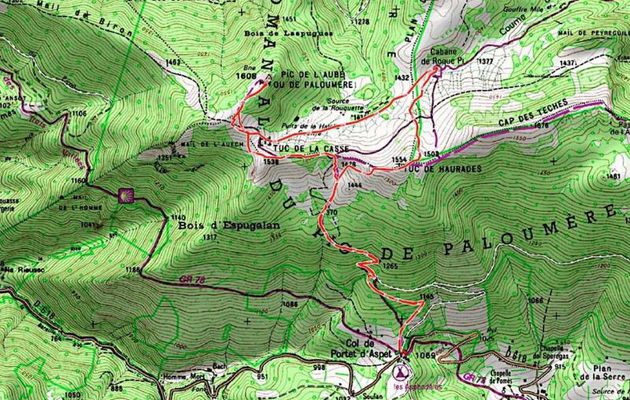 La carte de la randonnée dans le massif de Paloumère, carte issue du GPS de Martine et Bernard
