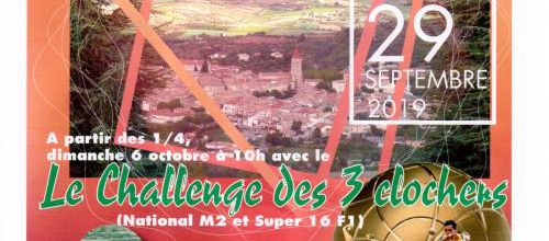 LE CHALLENGE DES 3 CLOCHERS : 128 doubles M3 - M4 par poule dimanche 29 septembre 2019