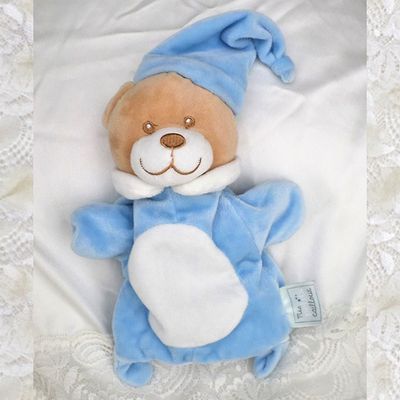 Doudou Peluche Marionnette Ours Mes Petits Cailloux Beige Bleu Col Et Rond Blanc