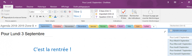 Agenda scolaire 2018-2019 pour One Note