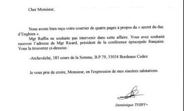 Réponse de l'Evêché de Metz, Mgr Raffin, par son secrétaire particulier, Mr Dominique Thiry. (06 janvier 2004).